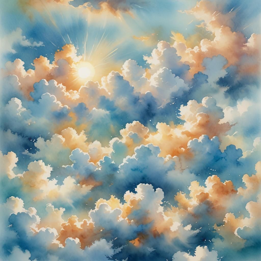 Pastel Watercolor: Sun Rays Through Poofy Clouds
