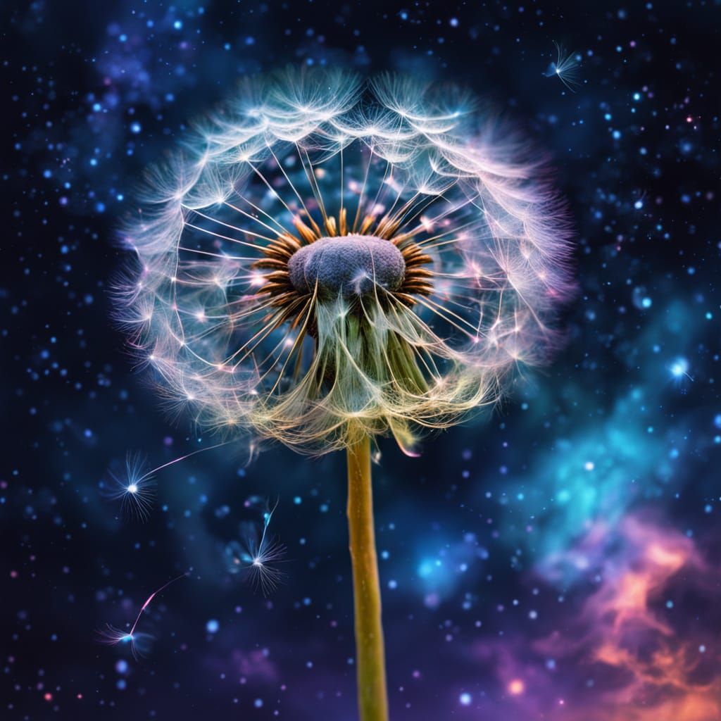Cosmic Dandelion Seed Drifts Through Psychedelic Sky