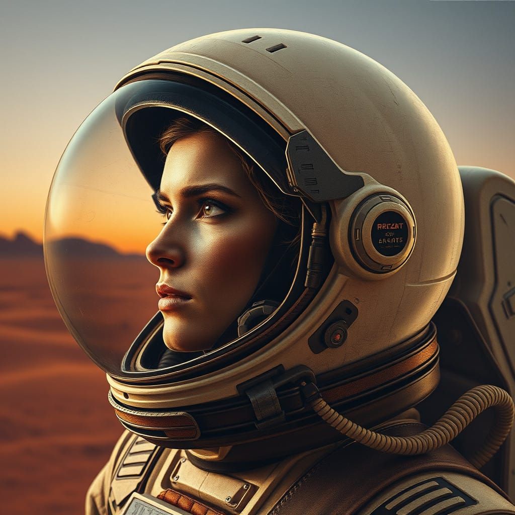 Dystopian Female Astronaut in Pyrography Style