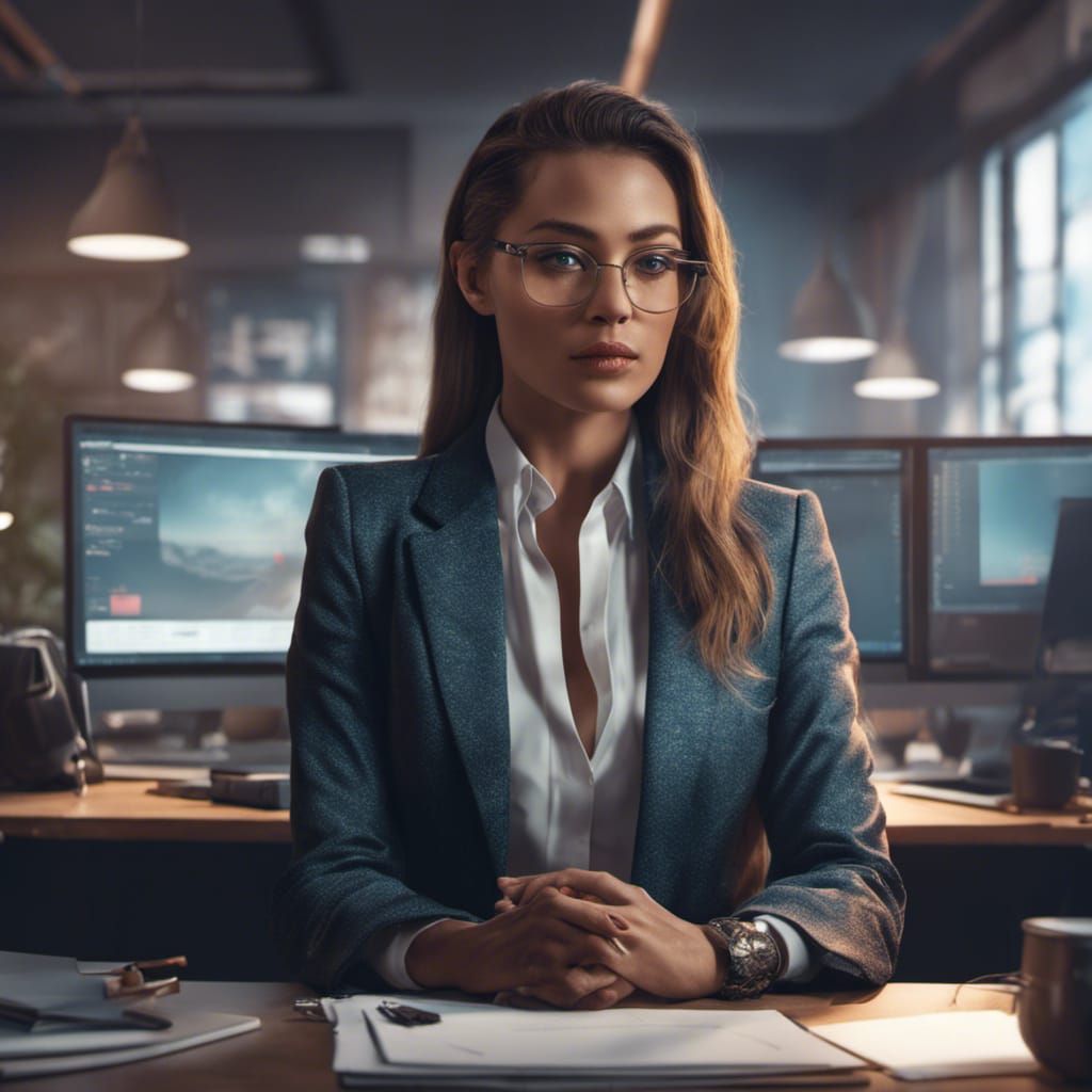 Freelancer Woman in Suit in Office, Realistic 4K