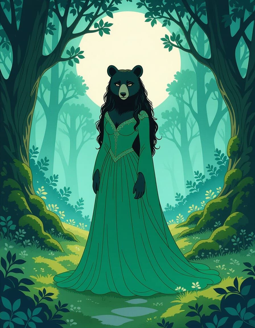Enchanting Bear Woman in Moonlit Forest Clearing