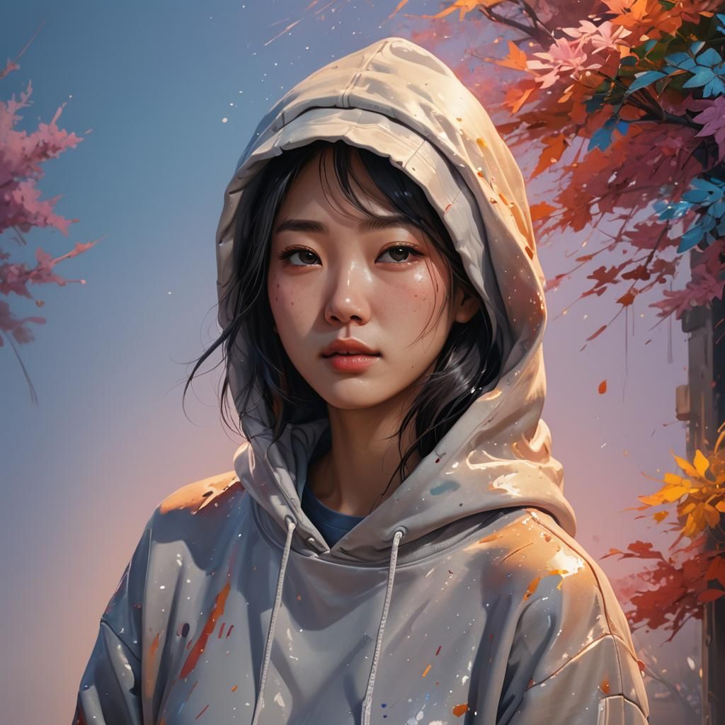 Korean Girl Relaxing: Hyperrealistic Splash Art