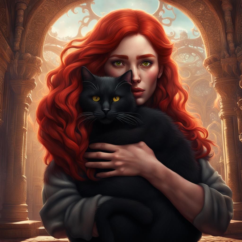 Loving Embrace: Red-Haired Woman and Black Cat