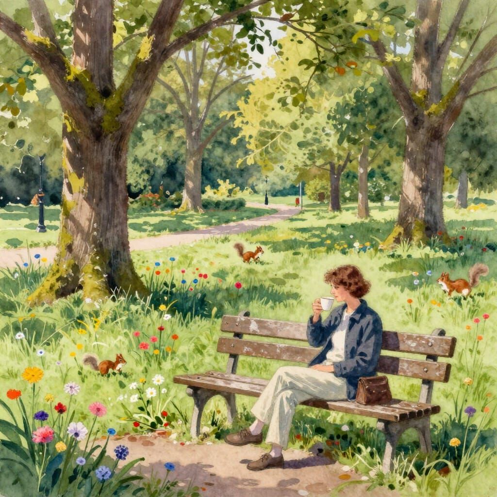 Watercolour Serenity: Coffee on a Park Bench