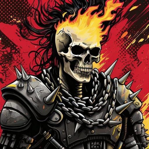 Cyberpunk Warrior with Flaming Skull