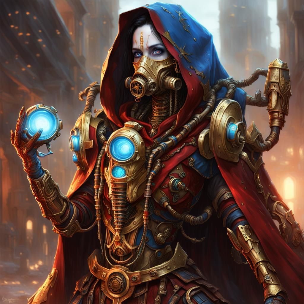 Cyborg Tech Priestess in Crimson Robes, Digital Art