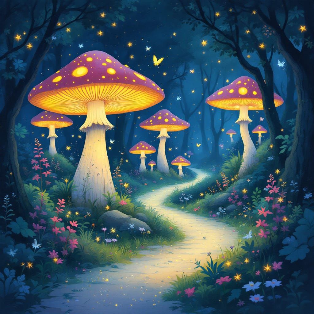 Magical Bioluminescent Mushroom Forest with Ethereal Sprites