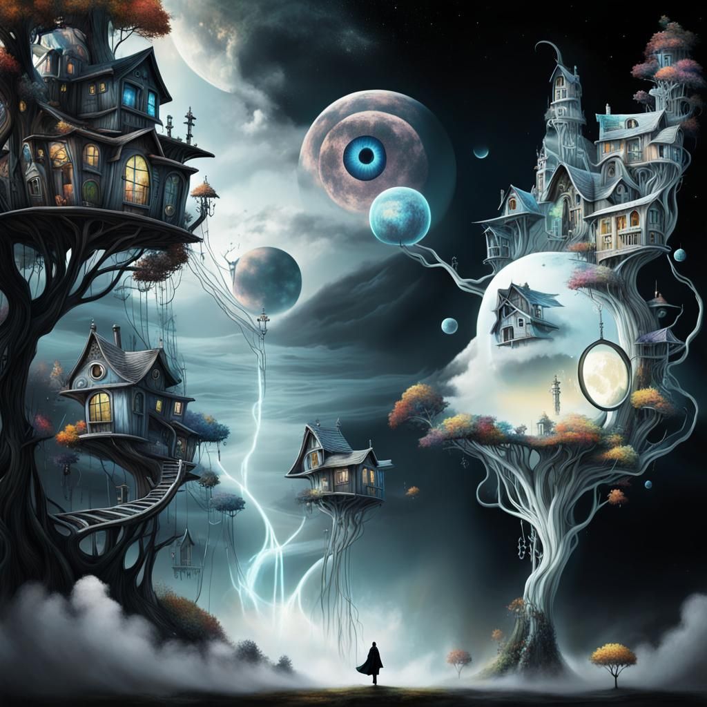 Surreal Autumn City on Forest Planet with Fairy