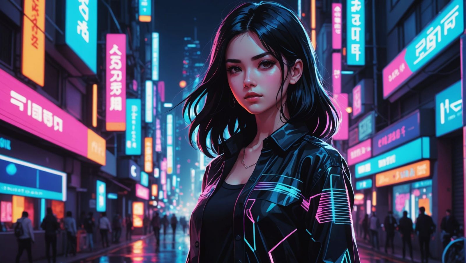 Cyberpunk Girl in Neon Street, Anime Style