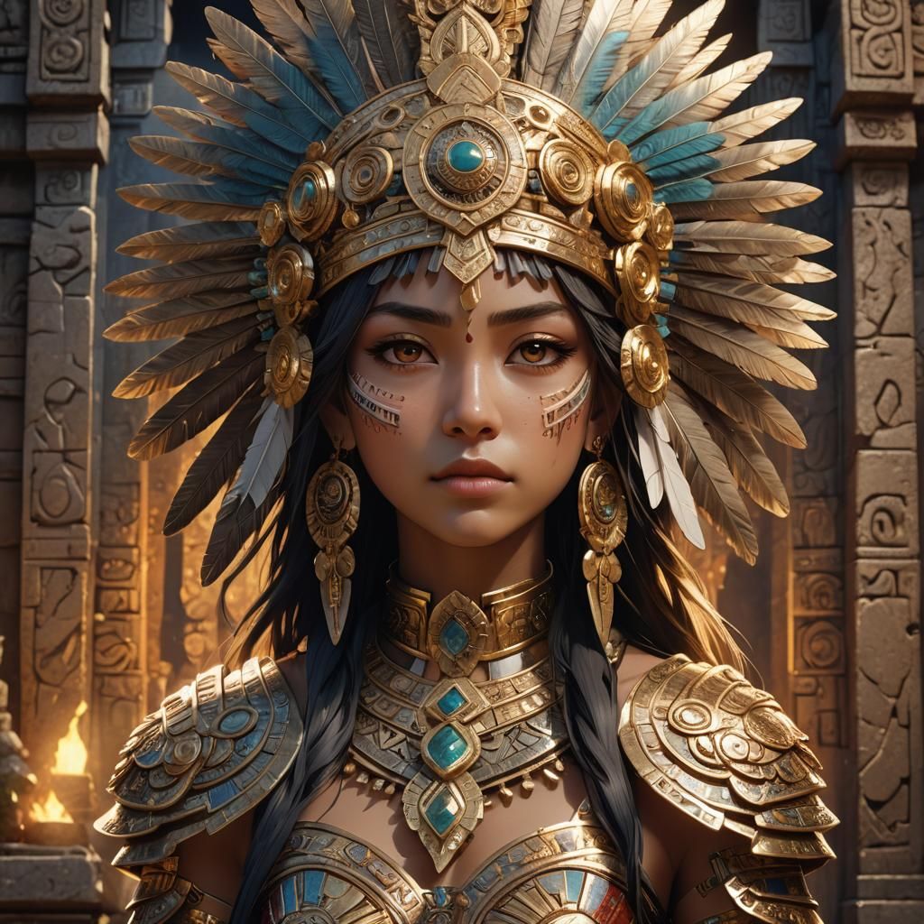Aztec Heroine Portrait in Anime-Inspired 3D Art
