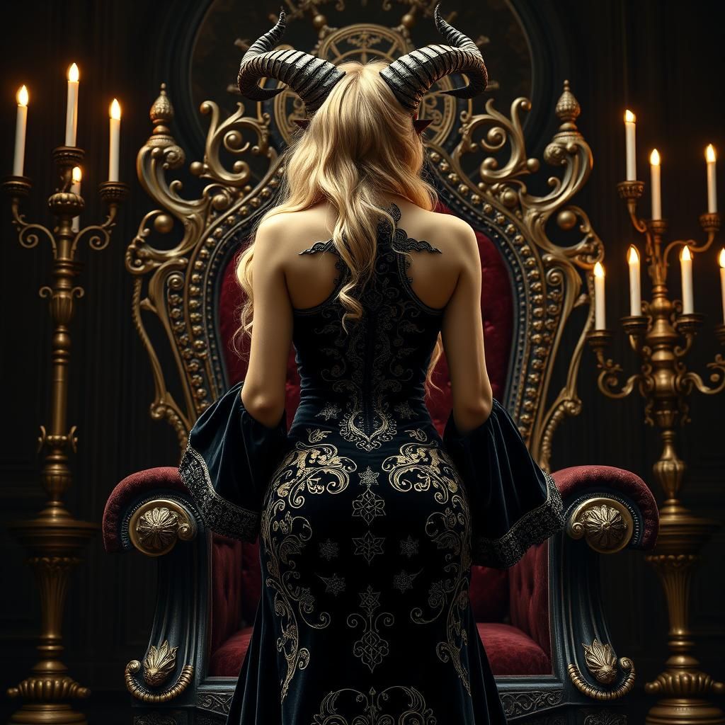 Stunning Demoness Backview in Opulent Throne Room