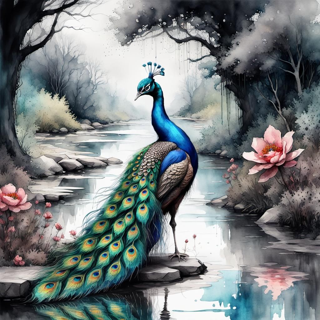 Fantasy Watercolor Peacock by River