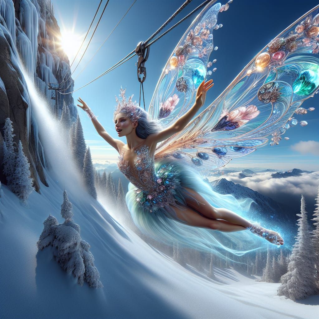 a hyperrealistic portrait of a fairy on a mountain zip line,...