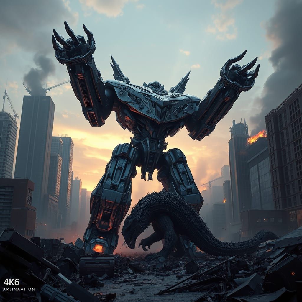 Mecha Titan Triumphs Over Kaiju in Ruined Cityscape