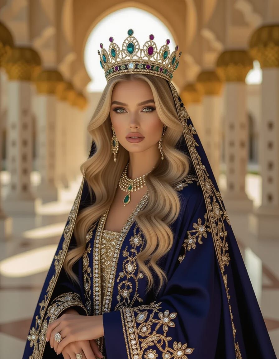 Majestic Blonde Model in Opulent Abaya: High Fashion