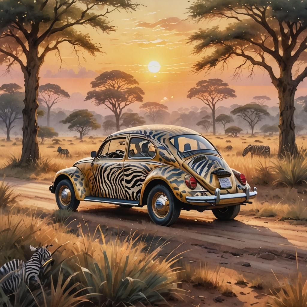 Zebra Beetle Drives into Sunset: Impressionist Watercolor
