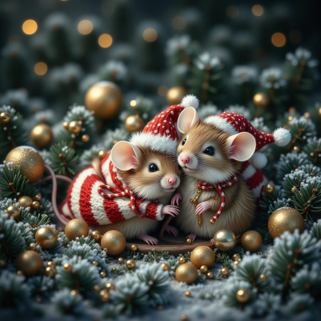 Two Sleeping Mice in Santa Hats Amidst Snowy Pine Branches