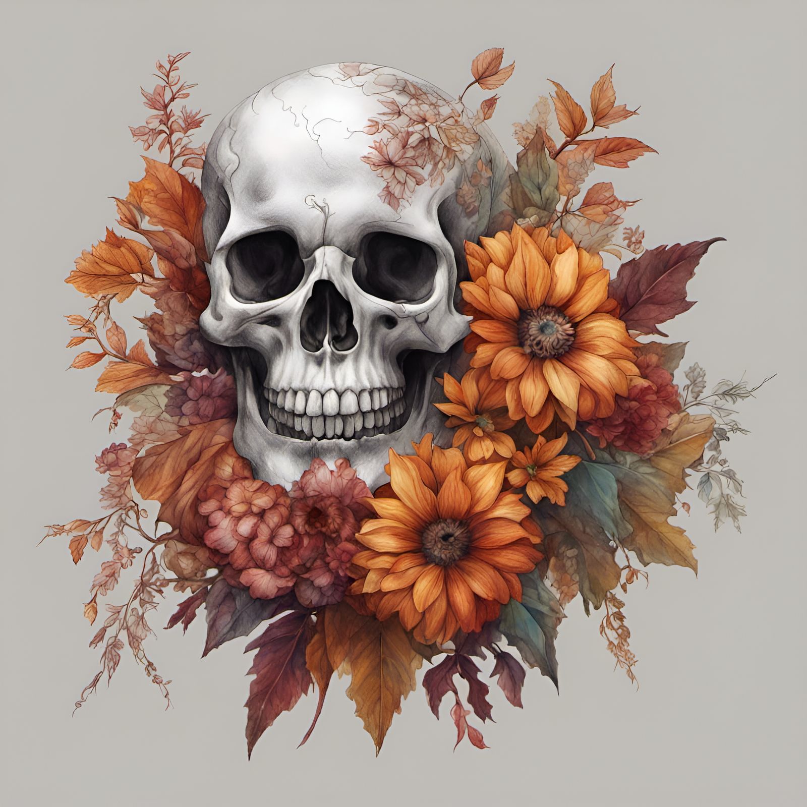 Skull With Fall Flowers