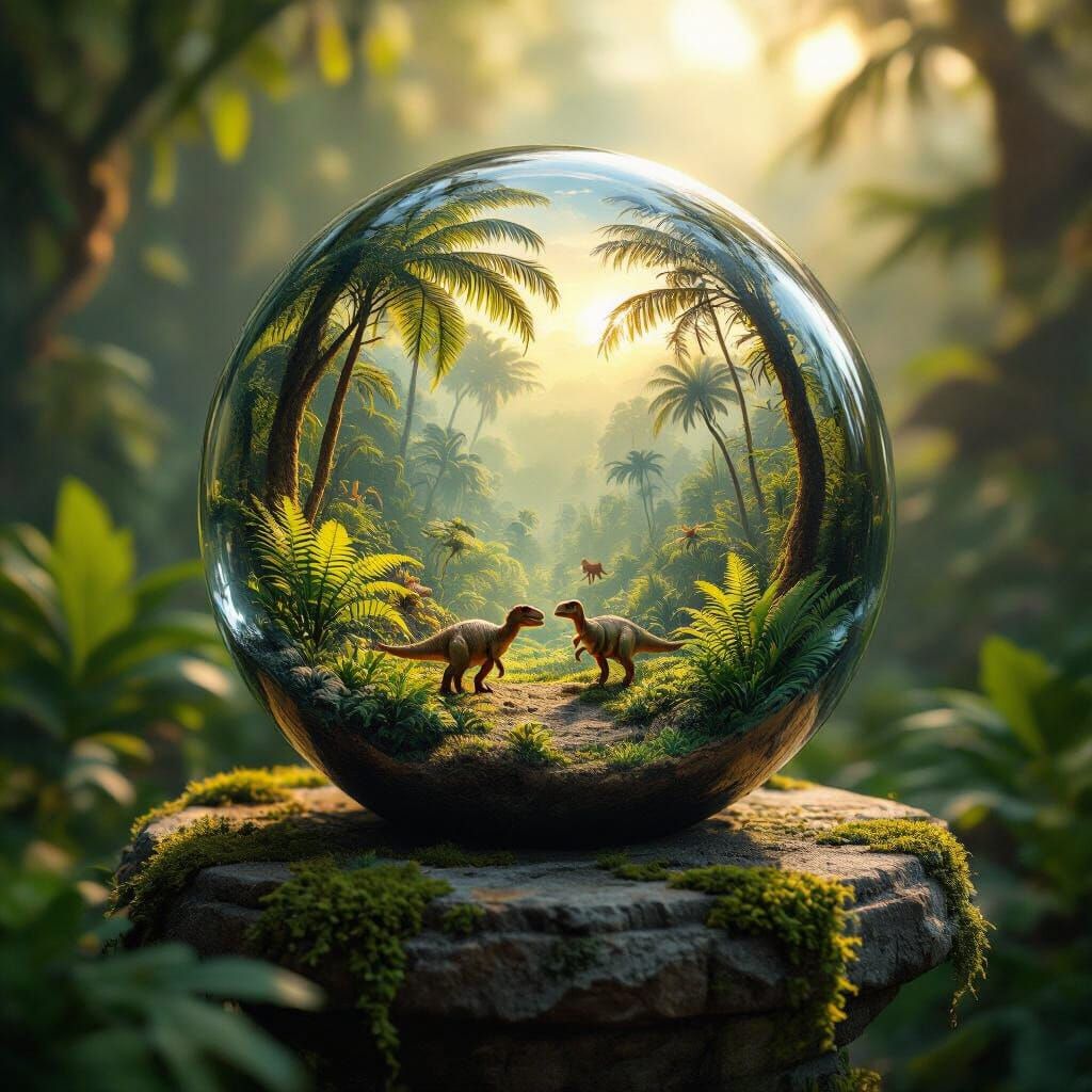 Jurassic Jungle in Crystal Sphere: Photorealistic Prehistori...