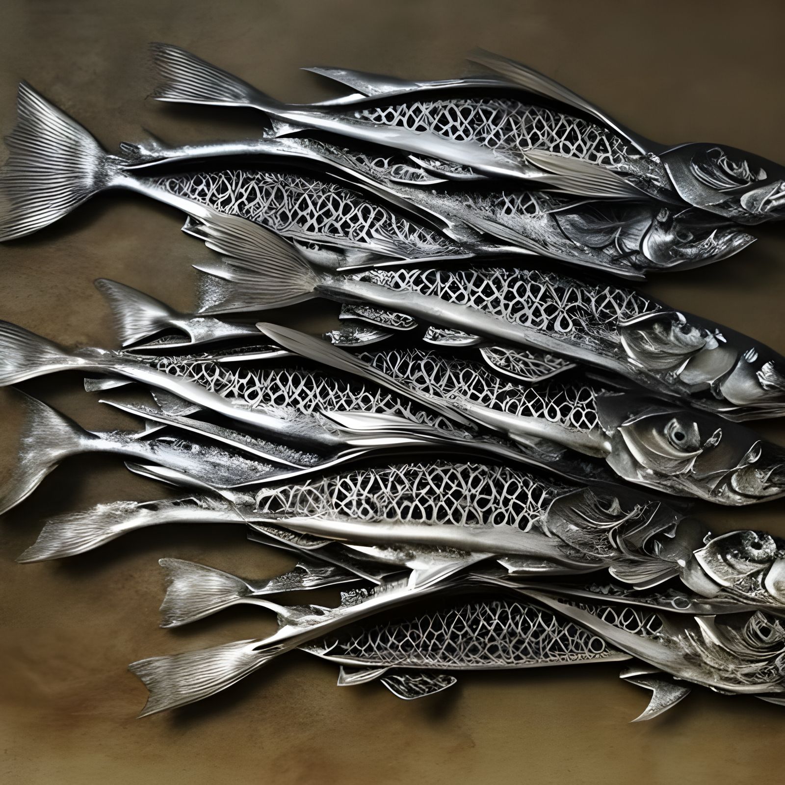 Ornate Silver Fish Skeletons in Soft Focus