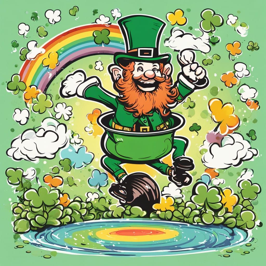Vibrant Leprechaun in Mid-Jump, Surrounded by Rainbow and Go...