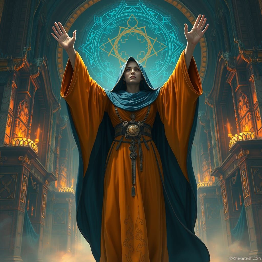 Mystical Woman in Robes with Raised Arms