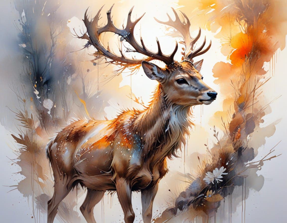 Mystical Deer in Watercolour Sunset Scene