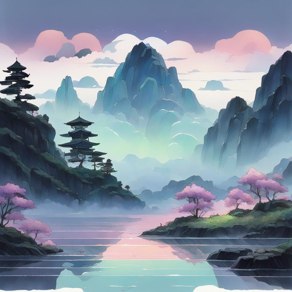 Ethereal Dreamscapes: Brooding Figure Amidst Serene Clouds