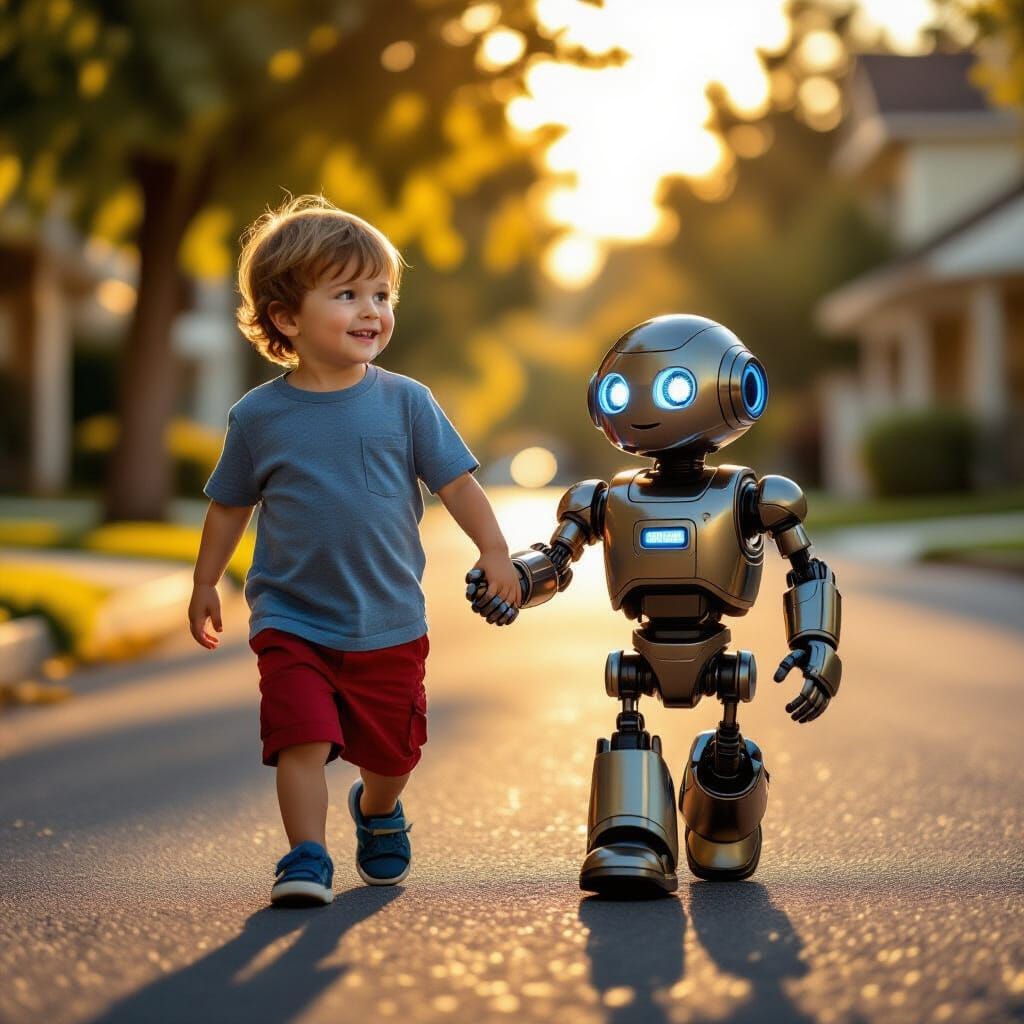 Boy and Robot Father Walking Down Sunny Street