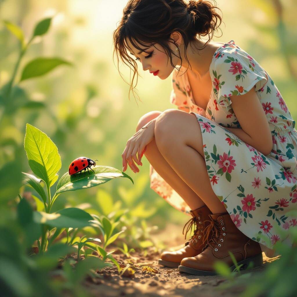 Ladybug Macro Shot with Watercolor and Neon Style