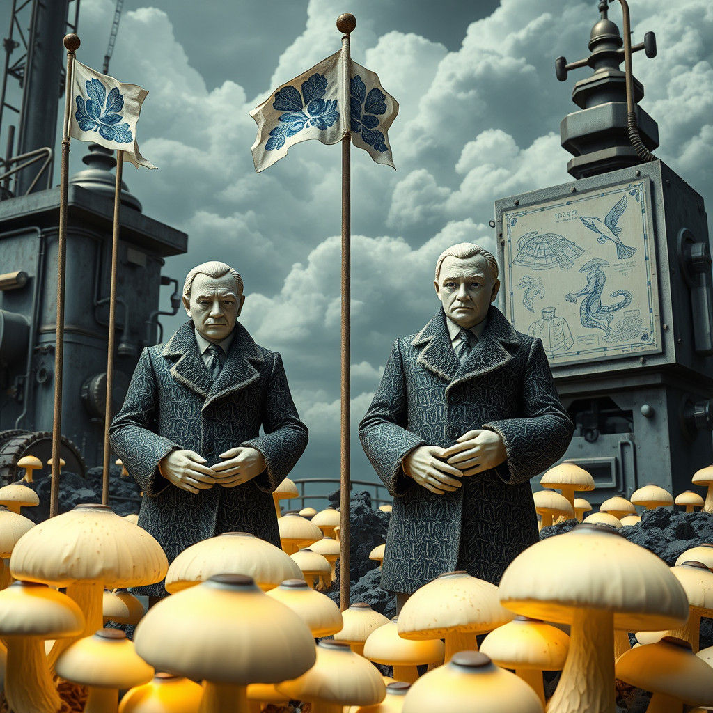 Surreal Porcelain Bureaucrats Count Glowing Mushrooms