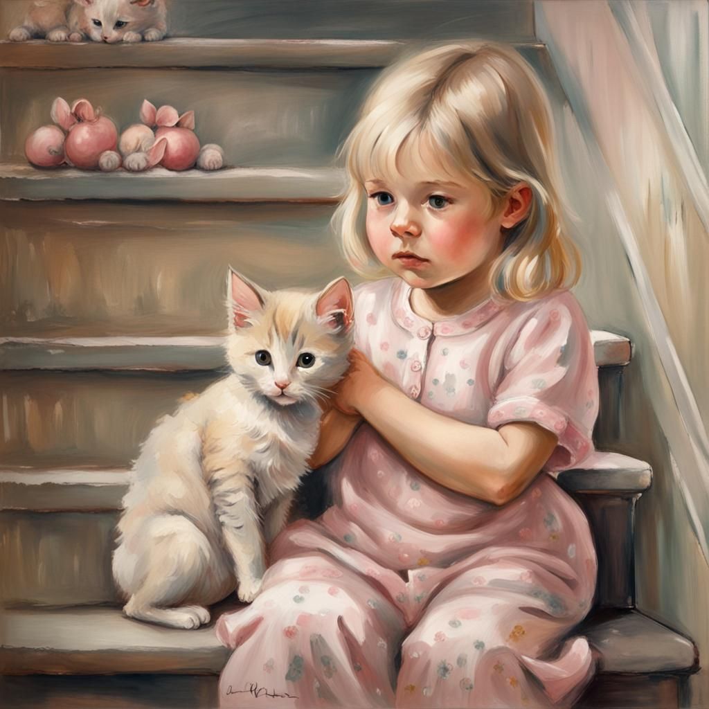 Toddler and Kitten: Pastel Oil Painting in Potter Style