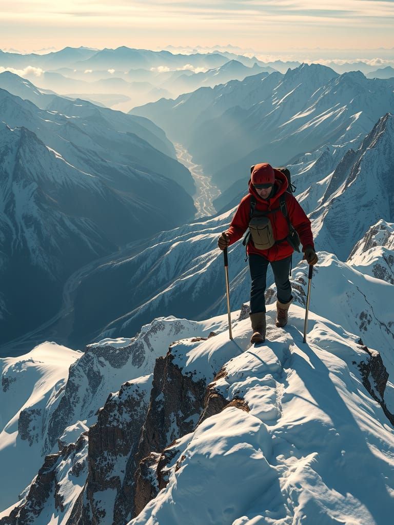 Hyperrealistic Trekker Climbs Snow Mountains, Epic Cinematic...