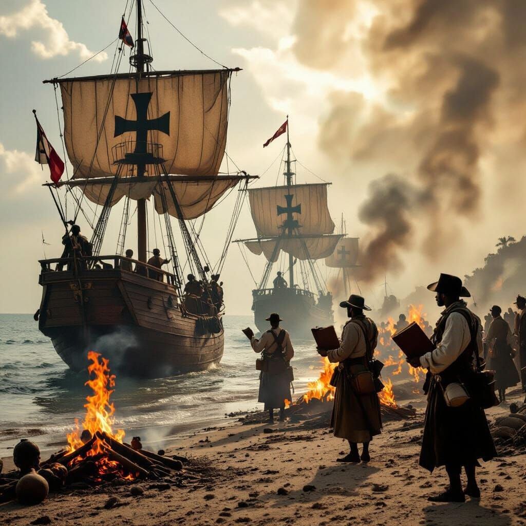 Colonial Ships Approaching African Shore in Cinematic Style