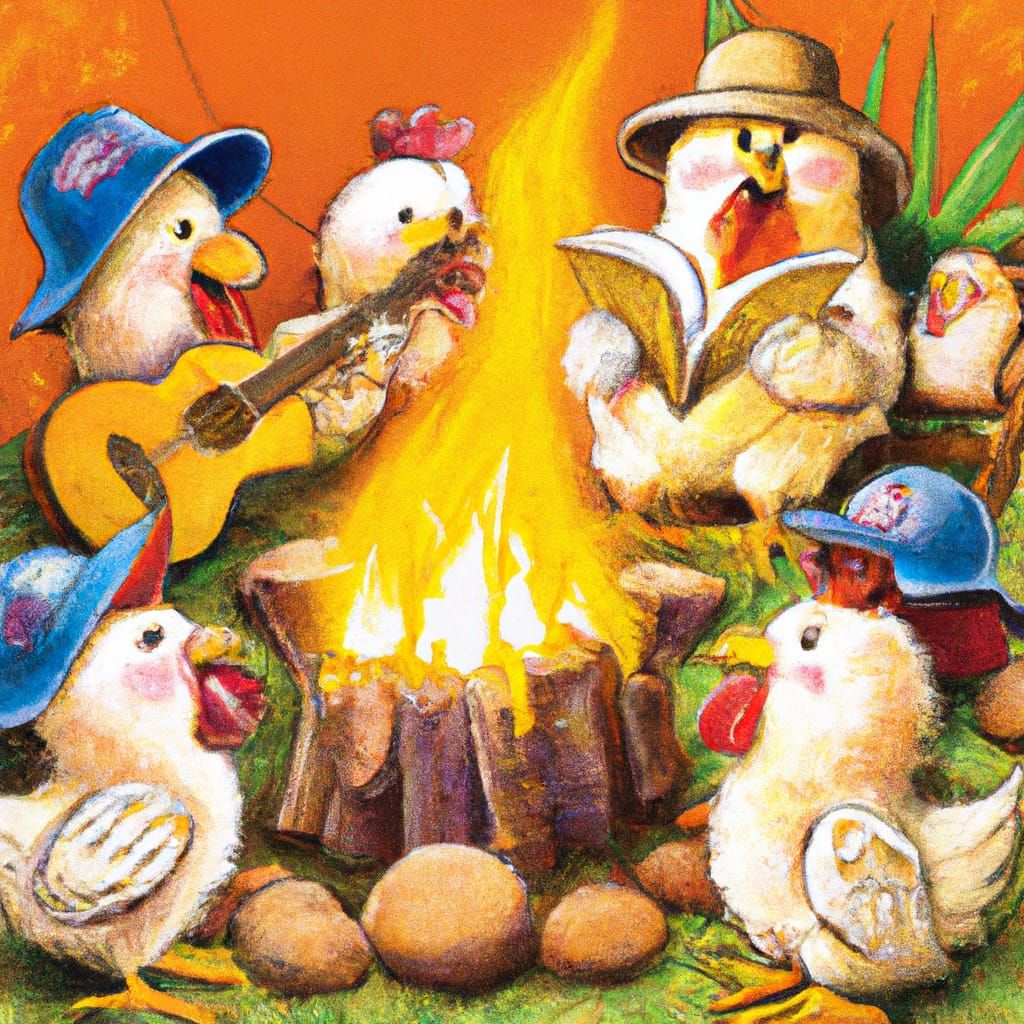 Chickens Singing Around Campfire: Storybook Illustration