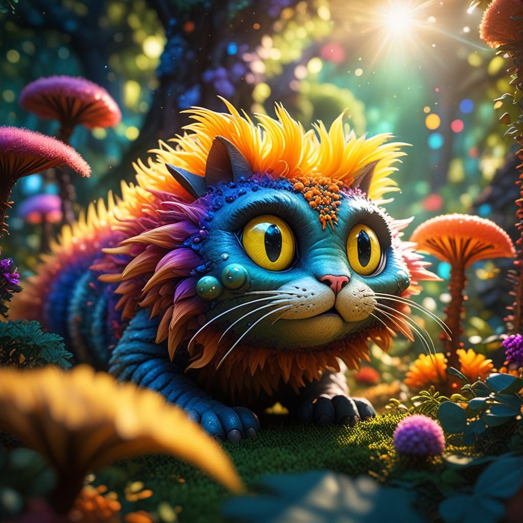 Whimsical Fuzzy Cat Caterpillar in Vibrant Botanical Garden