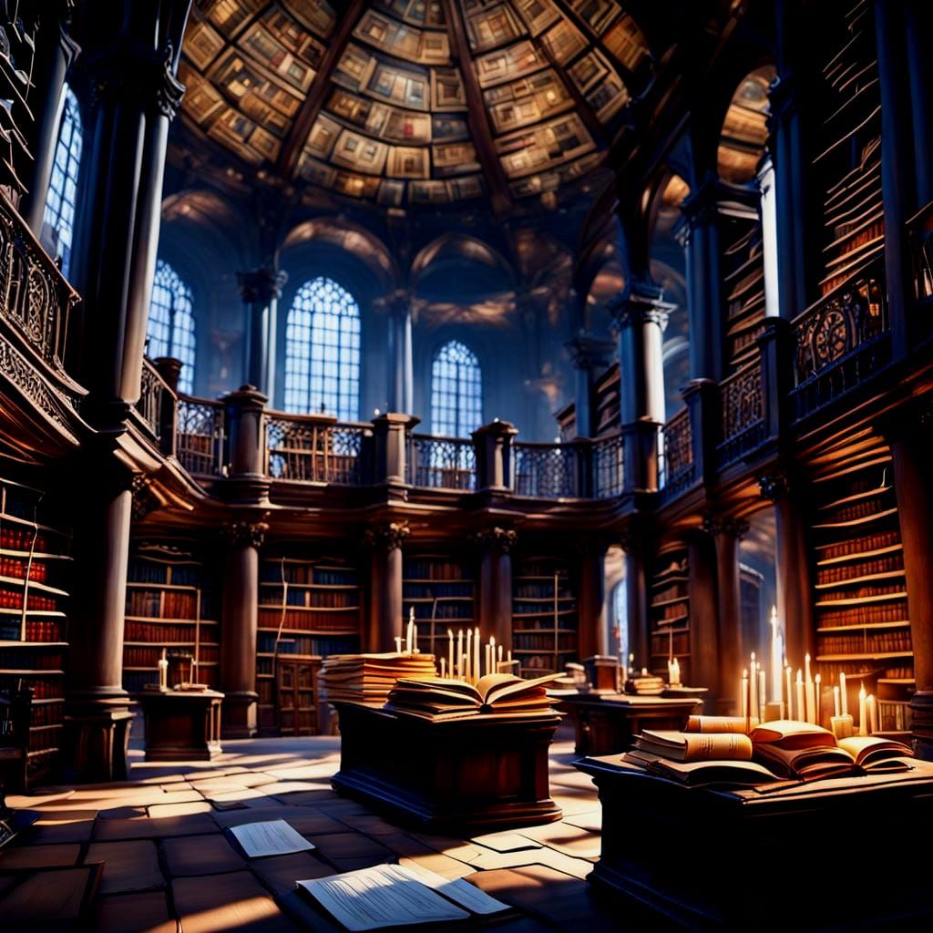 Magical Library Interior with Floating Orbs and Books