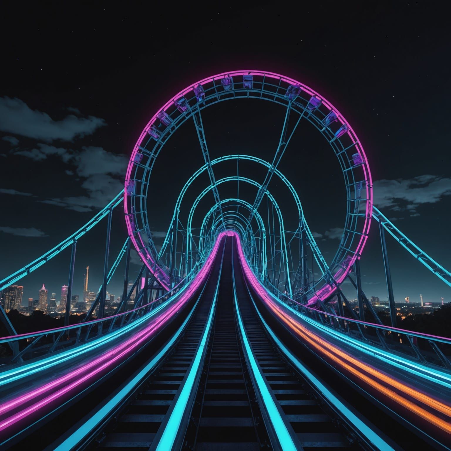 Neon Rollercoaster at Night: Digital Matte Painting