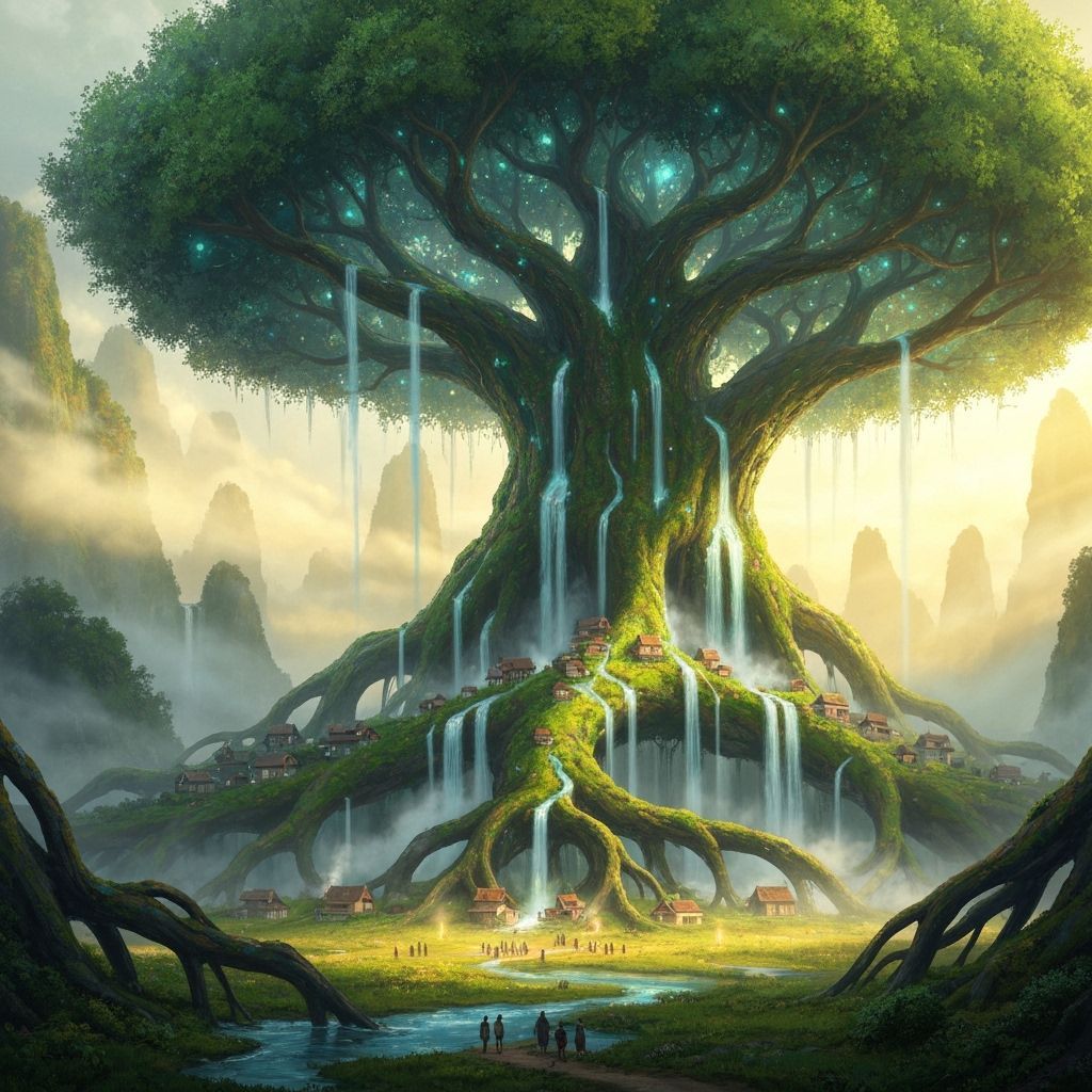 Majestic Ancient Tree With Glowing Roots Overlooking Village...