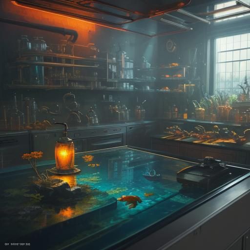 Guppies in Aquarium Inside Chemical Laboratory, Anime Art