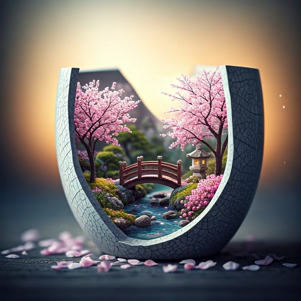 Japanese Garden in a Cracked Ceramic Mug
