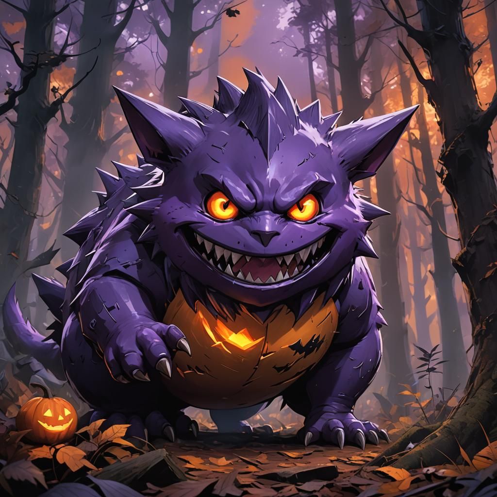Gengar Glows in Dark Forest: Hyperrealistic Concept Art