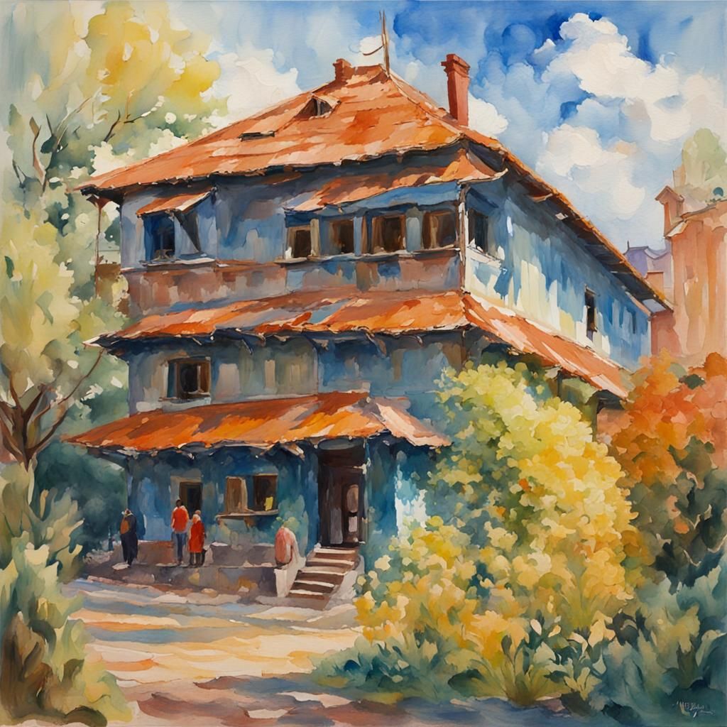 Men Playing Violins in Gouache Watercolor Style