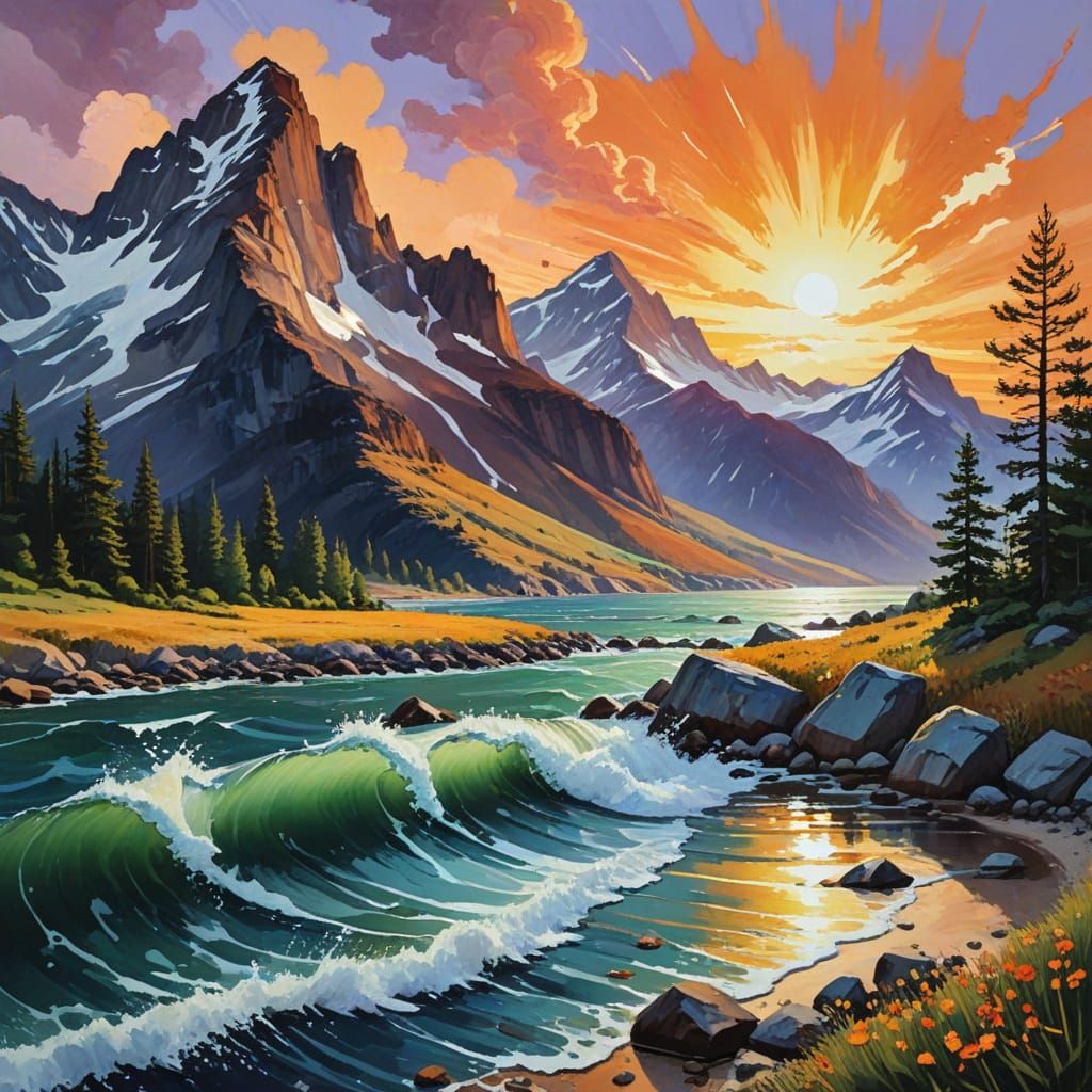 Collage of Epic Mountain and Sea Landscapes in Impressionist...