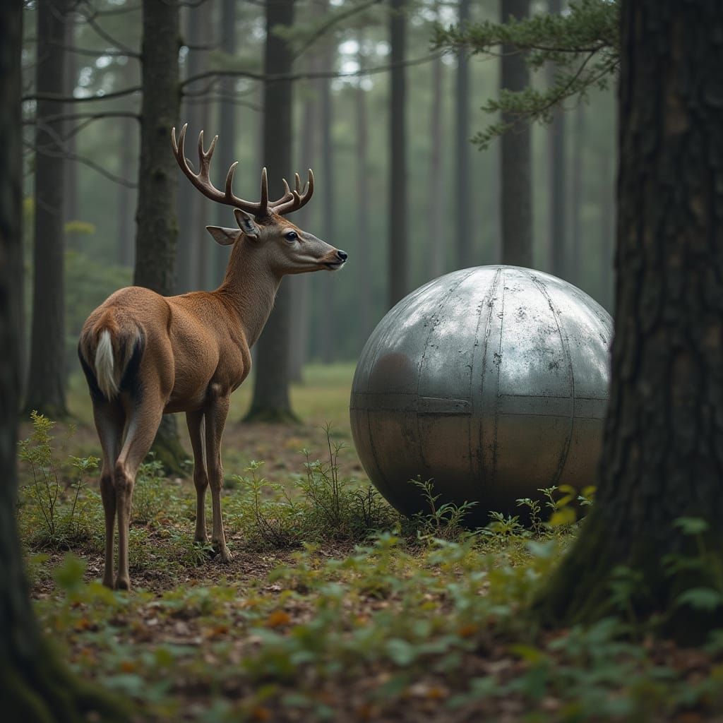 Mysterious Metal Sphere in Forest With Curious Deer