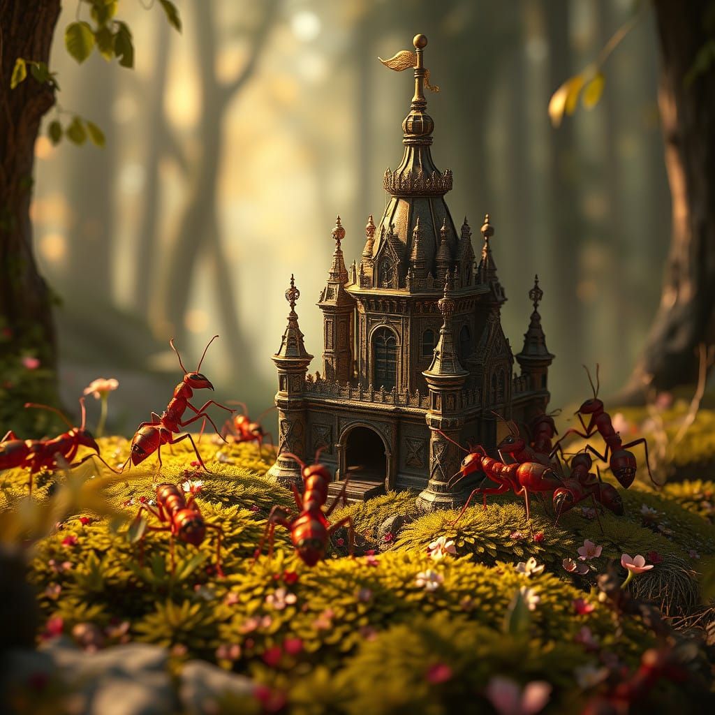 Red Ants in Golden Armor Forge a Fantasy Castle