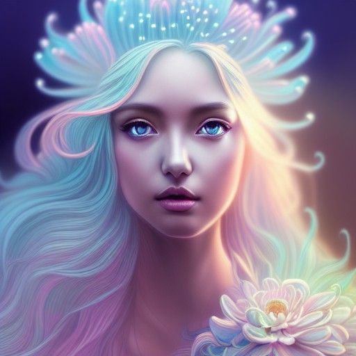 Goddess with Chrysanthemum Hair in Ethereal Digital Painting