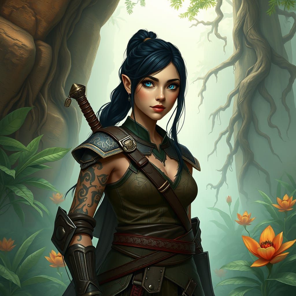 Surreal Half-Elf Paladin in Ninja Turtle-Inspired Armor