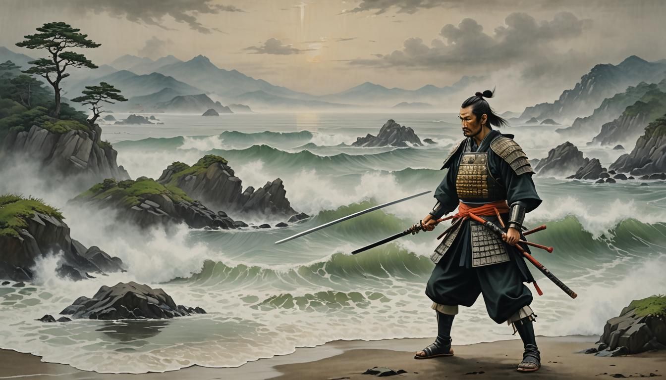 Samurai on Misty Coast: Hyperrealistic Oil Painting