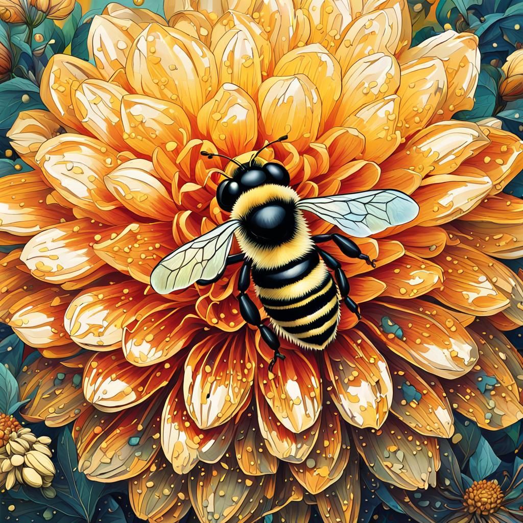 Bee Collecting Pollen from Dahlia, Ink Art